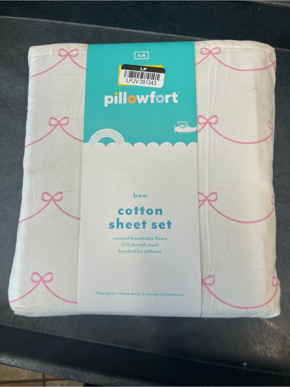 Pillowfort Pink Bow Cotton Sheet Set - White Background